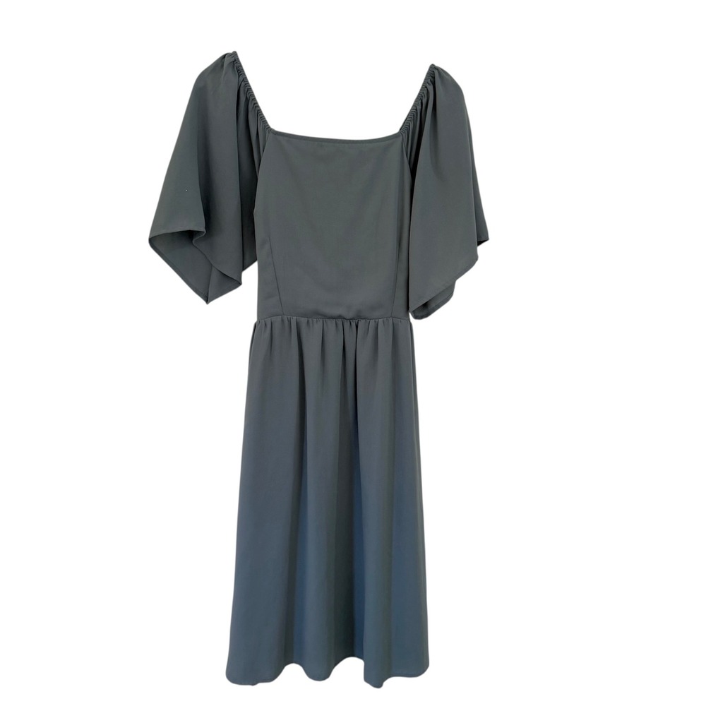 ROOLEE Square‎ Neck Flutter Sleeve Smocked Waist Midi Dress Blue Medium